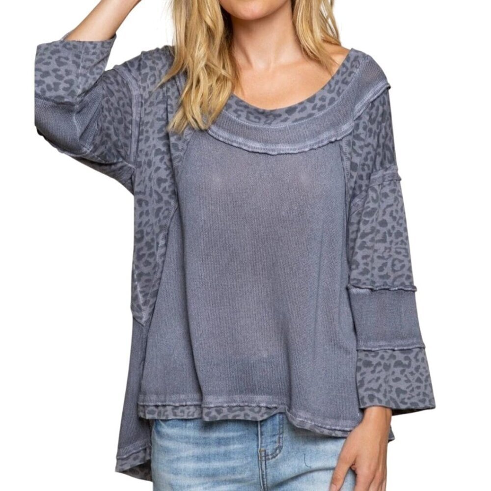 POL Charcoal Leopard Print Mixed Media Bohemian Top Size L